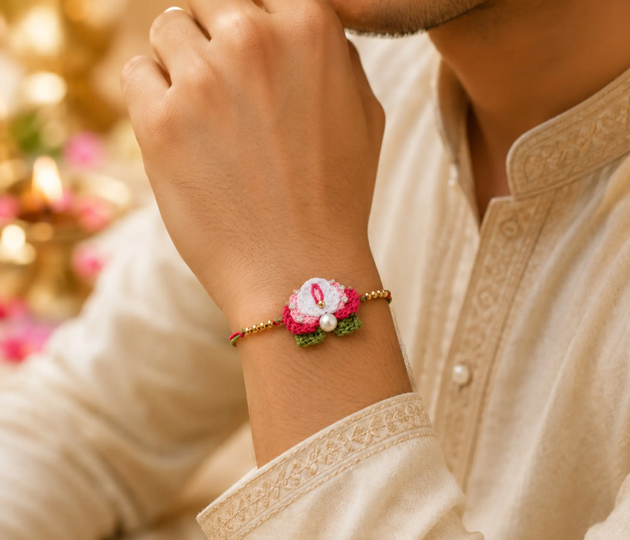 Divine Lotus Pearl Handcrafted Crochet Rakhi